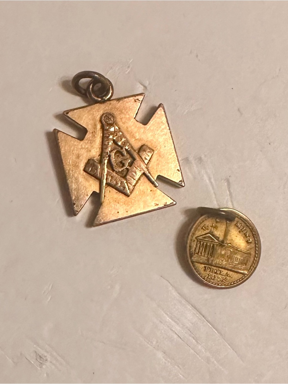 Vintage Mosanic Freemasons Maltese cross pendant +round charm lot